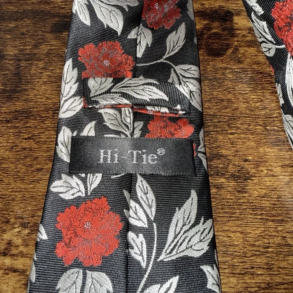 Hi-Tie Black Red Floral Tie Pocket‎ Square Set Mens Necktie Gray Leaf Slim